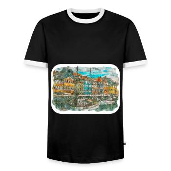 Copenhague Danemark Aquarelle Croquis Dessiné Paintin - T-shirt contrasté Homme - noir/blanc - Devant - AI Model Female 172 light (172cm) & AI Model Male 178 light (178cm)