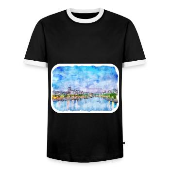 Helsinki Finland Watercolor Sketch Illustration - Men's Ringer Shirt - black/white - Front - AI Model Female 172 light (172cm) & AI Model Male 178 light (178cm)