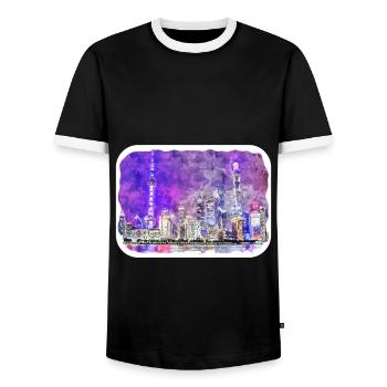Shanghai China Aquarellskizze gezeichnete Zeichnung - Männer Kontrast-T-Shirt - Schwarz/Weiß - Vorne - AI Model Female 172 light (172cm) & AI Model Male 178 light (178cm)