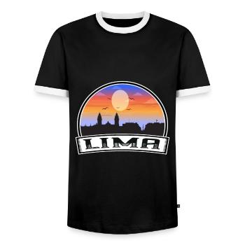 Lima Peru Skyline Vintage Sunset Travel Souvenir - Men's Ringer Shirt - black/white - Front - AI Model Female 172 light (172cm) & AI Model Male 178 light (178cm)