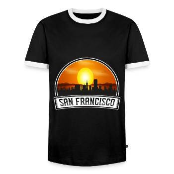 San Francisco California Usa Skyline Vintage Sunse - Men's Ringer Shirt - black/white - Front - AI Model Female 172 light (172cm) & AI Model Male 178 light (178cm)