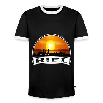 Kiel Germany Skyline Vintage Sunset Travel Souveni - Men's Ringer Shirt - black/white - Front - AI Model Female 172 light (172cm) & AI Model Male 178 light (178cm)