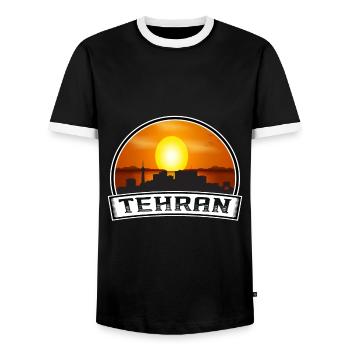 Tehran Iran Skyline Vintage Sunset Travel Souvenir - Men's Ringer Shirt - black/white - Front - AI Model Female 172 light (172cm) & AI Model Male 178 light (178cm)