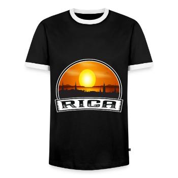 Riga Latvia Skyline Vintage Sunset Travel Souvenir - Men's Ringer Shirt - black/white - Front - AI Model Female 172 light (172cm) & AI Model Male 178 light (178cm)