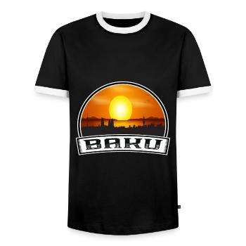 Baku Azerbaijan Skyline Vintage Sunset Travel Souv - Men's Ringer Shirt - black/white - Front - AI Model Female 172 light (172cm) & AI Model Male 178 light (178cm)