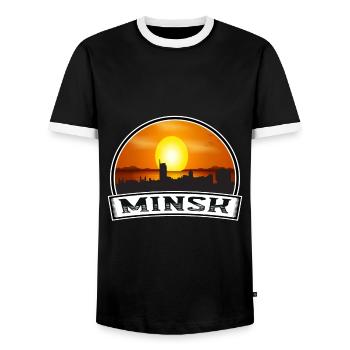 Minsk Belarus Skyline Vintage Sunset Travel Souven - Men's Ringer Shirt - black/white - Front - AI Model Female 172 light (172cm) & AI Model Male 178 light (178cm)
