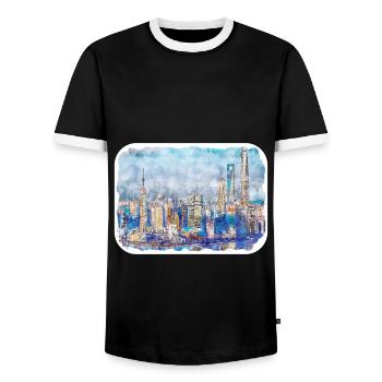 China Watercolor Sketch Hand Drawn Illustration - Men's Ringer Shirt - black/white - Front - AI Model Female 172 light (172cm) & AI Model Male 178 light (178cm)