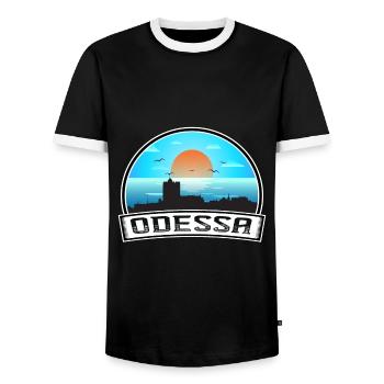 Odessa Ukraine Skyline Vintage Sunset Travel Souve - Men's Ringer Shirt - black/white - Front - AI Model Female 172 light (172cm) & AI Model Male 178 light (178cm)