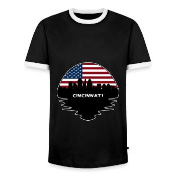 Cincinnati Ohio Usa Flag Skyline Silhouette Travel - Men's Ringer Shirt - black/white - Front - AI Model Female 172 light (172cm) & AI Model Male 178 light (178cm)