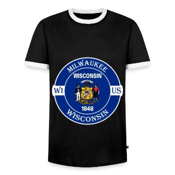 Milwaukee Wisconsin Flag USA Travel Souvenir Badge - Men's Ringer Shirt - black/white - Front - AI Model Female 172 light (172cm) & AI Model Male 178 light (178cm)