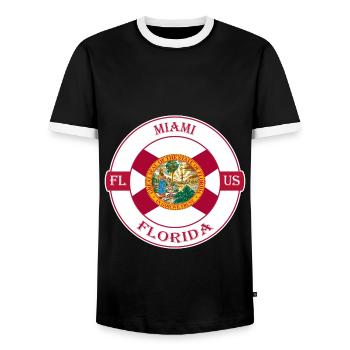 Miami Florida Flag USA Travel Souvenir Badge - Men's Ringer Shirt - black/white - Front - AI Model Female 172 light (172cm) & AI Model Male 178 light (178cm)