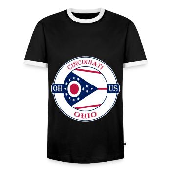 Cincinnati Ohio Flag USA Travel Souvenir Badge - Men's Ringer Shirt - black/white - Front - AI Model Female 172 light (172cm) & AI Model Male 178 light (178cm)