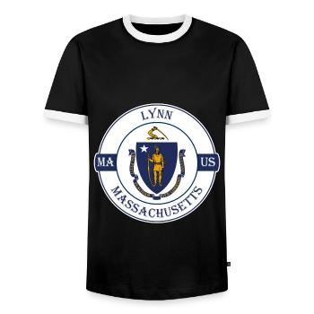 Lynn Massachusetts Flag USA Travel Souvenir Badge - Men's Ringer Shirt - black/white - Front - AI Model Female 172 light (172cm) & AI Model Male 178 light (178cm)