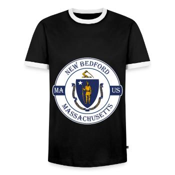 New Bedford Massachusetts Flag USA Travel Souvenir - Men's Ringer Shirt - black/white - Front - AI Model Female 172 light (172cm) & AI Model Male 178 light (178cm)