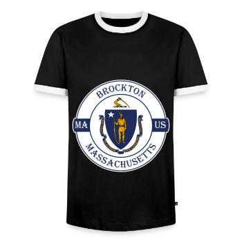 Brockton Massachusetts Flag USA Souvenir Badge - Men's Ringer Shirt - black/white - Front - AI Model Female 172 light (172cm) & AI Model Male 178 light (178cm)