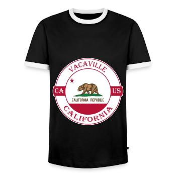 Vacaville California Flag USA Souvenir Badge - Men's Ringer Shirt - black/white - Front - AI Model Female 172 light (172cm) & AI Model Male 178 light (178cm)