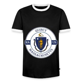 Quincy Massachusetts Flag USA Souvenir Badge - Men's Ringer Shirt - black/white - Front - AI Model Female 172 light (172cm) & AI Model Male 178 light (178cm)