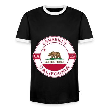 Camarillo California Flag USA Souvenir Badge - Men's Ringer Shirt - black/white - Front - AI Model Female 172 light (172cm) & AI Model Male 178 light (178cm)