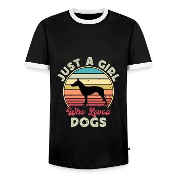 Manchester Terrier Dog Silhouette Retro Sunset - Men's Ringer Shirt - black/white - Front - AI Model Female 172 light (172cm) & AI Model Male 178 light (178cm)