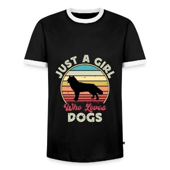Northern Inuit Dog Lover Silhouette Vintage Sunset - Men's Ringer Shirt - black/white - Front - AI Model Female 172 light (172cm) & AI Model Male 178 light (178cm)