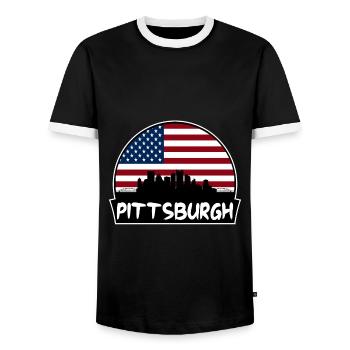 Pittsburgh Pennsylvania Usa Flag Skyline Silhouett - Men's Ringer Shirt - black/white - Front - AI Model Female 172 light (172cm) & AI Model Male 178 light (178cm)