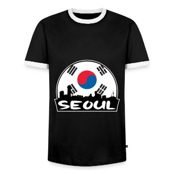 Seoul South Korea Flag Skyline Silhouette Travel - Men's Ringer Shirt - black/white - Front - AI Model Female 172 light (172cm) & AI Model Male 178 light (178cm)