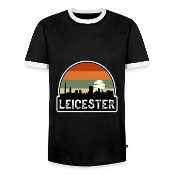 Leicester England Flag Skyline Travel Souvenir - Men's Ringer Shirt - black/white - Front - AI Model Female 172 light (172cm) & AI Model Male 178 light (178cm)