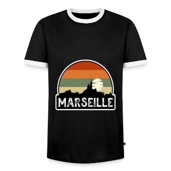 Marseille France Flag Skyline Travel Souvenir - Men's Ringer Shirt - black/white - Front - AI Model Female 172 light (172cm) & AI Model Male 178 light (178cm)