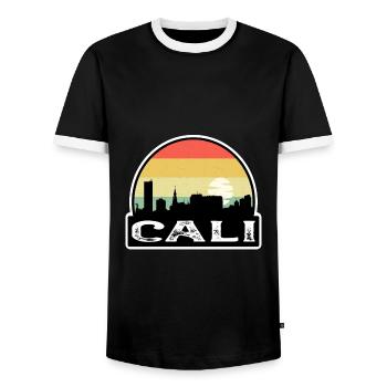 Cali Colombia Flag Skyline Travel Souvenir - Men's Ringer Shirt - black/white - Front - AI Model Female 172 light (172cm) & AI Model Male 178 light (178cm)