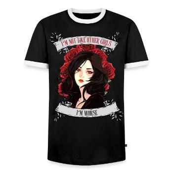 Ich bin nicht wie andere Frauen, ich bin schlimmer - Männer Kontrast-T-Shirt - Schwarz/Weiß - Vorne - AI Model Female 172 light (172cm) & AI Model Male 178 light (178cm)