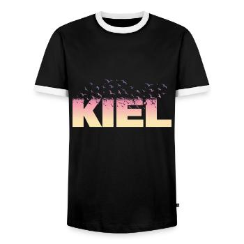 Kiel Germany City Font Birds Skyline - Men's Ringer Shirt - black/white - Front - AI Model Female 172 light (172cm) & AI Model Male 178 light (178cm)