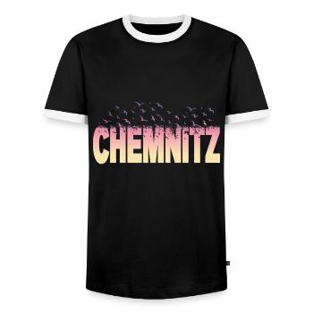 Chemnitz Germany City Font Birds Skyline - Men's Ringer Shirt - black/white - Front - AI Model Female 172 light (172cm) & AI Model Male 178 light (178cm)