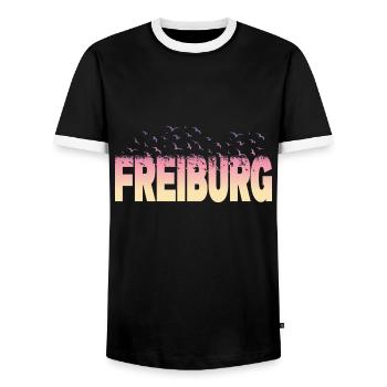 Freiburg Germany City Font Birds Skyline - Men's Ringer Shirt - black/white - Front - AI Model Female 172 light (172cm) & AI Model Male 178 light (178cm)