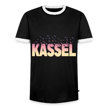 Kassel Germany City Font Birds Skyline - Men's Ringer Shirt - black/white - Front - AI Model Female 172 light (172cm) & AI Model Male 178 light (178cm)