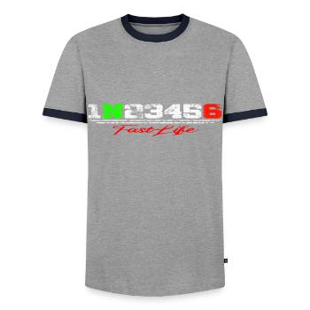 1N23456 Fast Life - Men's Ringer Shirt - grey/navy  - Front - AI Model Female 172 light (172cm) & AI Model Male 178 light (178cm)