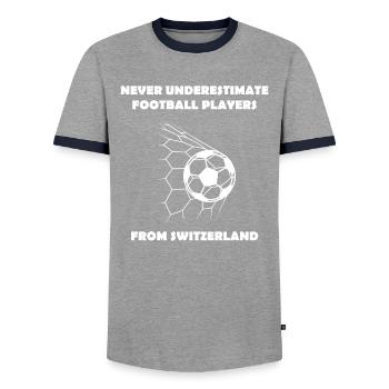Soccer Fan Soccer Player Switzerland Soccer Player - Men's Ringer Shirt - grey/navy  - Front - AI Model Female 172 light (172cm) & AI Model Male 178 light (178cm)