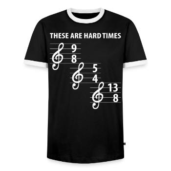These Are Hard Difficult Times Music - Men's Ringer Shirt - black/white - Front - AI Model Female 172 light (172cm) & AI Model Male 178 light (178cm)