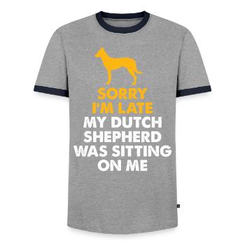 Je suis en retard, mon berger hollandais - T-shirt contrasté Homme - gris/marine  - Devant - AI Model Female 172 light (172cm) & AI Model Male 178 light (178cm)