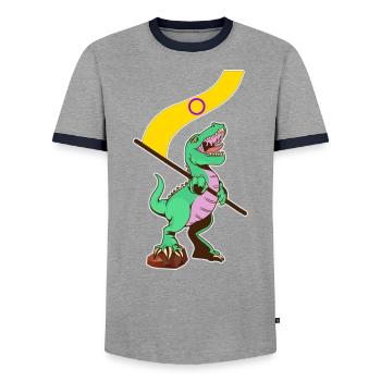 LGBTQ Flag - Dinosaur Intersexual - Men's Ringer Shirt - grey/navy  - Front - AI Model Female 172 light (172cm) & AI Model Male 178 light (178cm)