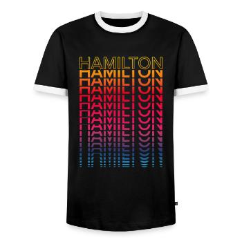 Retro Nostalgic City - Rainbow Hamilton - Men's Ringer Shirt - black/white - Front - AI Model Female 172 light (172cm) & AI Model Male 178 light (178cm)