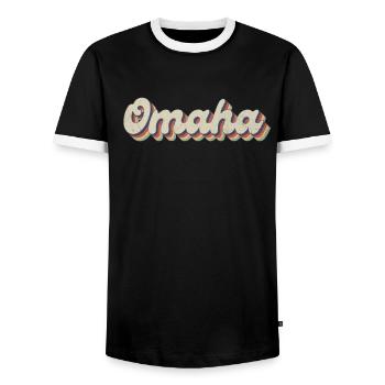 Nostalgic 70s USA City - Vintage Omaha - Men's Ringer Shirt - black/white - Front - AI Model Female 172 light (172cm) & AI Model Male 178 light (178cm)