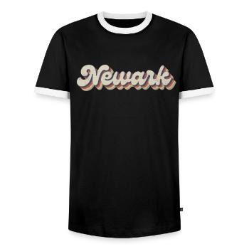 Nostalgic 70s USA City - Vintage Newark - Men's Ringer Shirt - black/white - Front - AI Model Female 172 light (172cm) & AI Model Male 178 light (178cm)