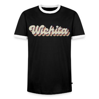 Nostalgic 70s USA City - Vintage Wichita - Men's Ringer Shirt - black/white - Front - AI Model Female 172 light (172cm) & AI Model Male 178 light (178cm)