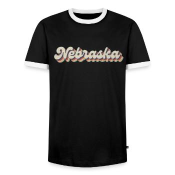 Vintage Hippie 70s USA State - Retro Nebraska - Men's Ringer Shirt - black/white - Front - AI Model Female 172 light (172cm) & AI Model Male 178 light (178cm)
