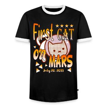 First Cat on Mars - Men's Ringer Shirt - black/white - Front - AI Model Female 172 light (172cm) & AI Model Male 178 light (178cm)