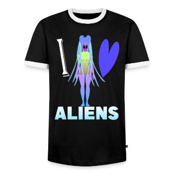 I love aliens - Men's Ringer Shirt - black/white - Front - AI Model Female 172 light (172cm) & AI Model Male 178 light (178cm)