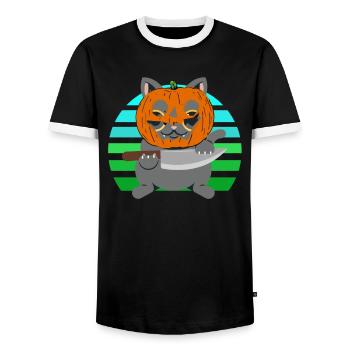 Halloween Katze Kürbiskopf - Männer Kontrast-T-Shirt - Schwarz/Weiß - Vorne - AI Model Female 172 light (172cm) & AI Model Male 178 light (178cm)