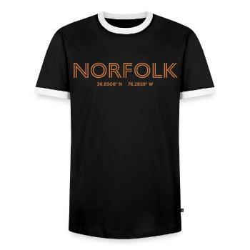 USA City Coordinates - Norfolk - Men's Ringer Shirt - black/white - Front - AI Model Female 172 light (172cm) & AI Model Male 178 light (178cm)