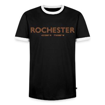 USA City Coordinates - Rochester - Men's Ringer Shirt - black/white - Front - AI Model Female 172 light (172cm) & AI Model Male 178 light (178cm)