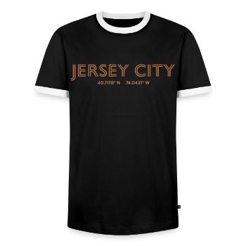 USA City Coordinates - Jersey City - Men's Ringer Shirt - black/white - Front - AI Model Female 172 light (172cm) & AI Model Male 178 light (178cm)